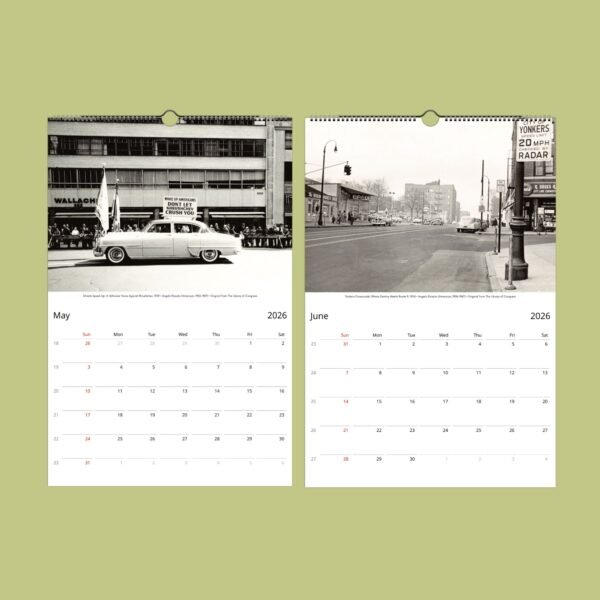 2026 calendar with vintage street photos for May, June.