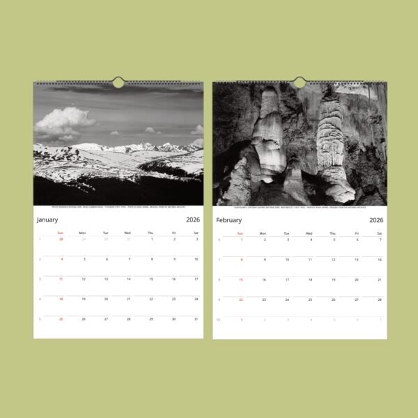 2026 calendar with nature photos for January, February.