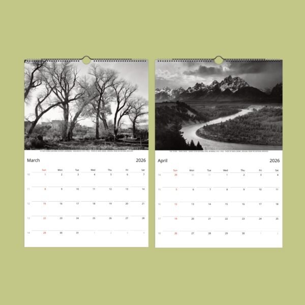 2026 calendar with landscape images for March and April.