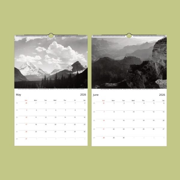 2026 calendar pages: May and June with mountains.