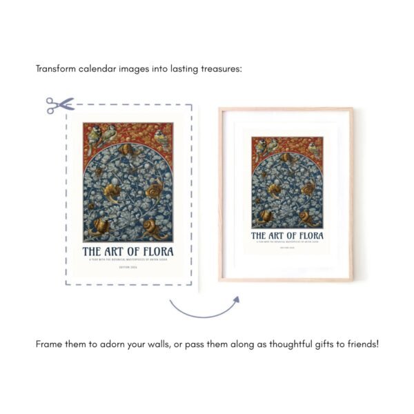 Framed floral artwork from calendar for home decor.