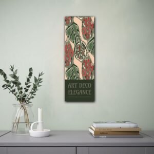 Art Deco poster on wall above books and plant.