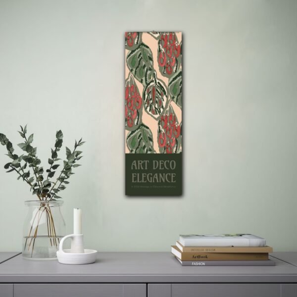 Art Deco poster on wall above books and plant.