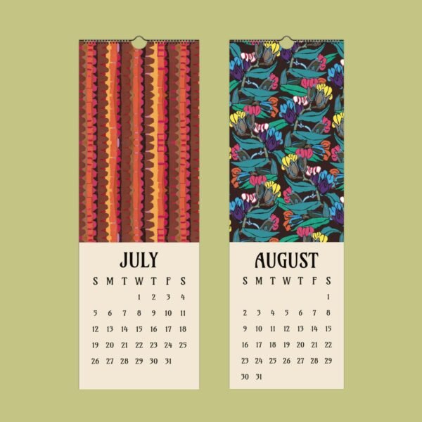 July August calendar with abstract patterns