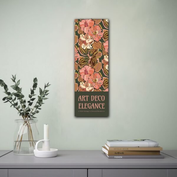 Art Deco floral print wall art with books and vase.