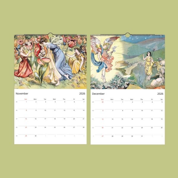2026 calendar with vintage illustrations for November, December.
