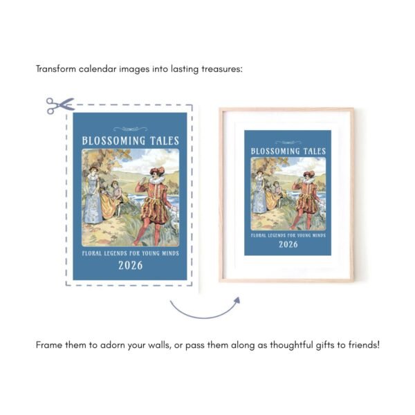 Blossoming Tales 2026 calendar framed art display.