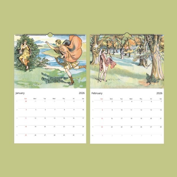 2026 calendar with vintage illustrations for January-February.