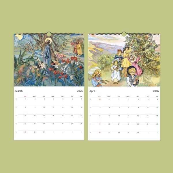 2026 calendar with March and April illustrations.