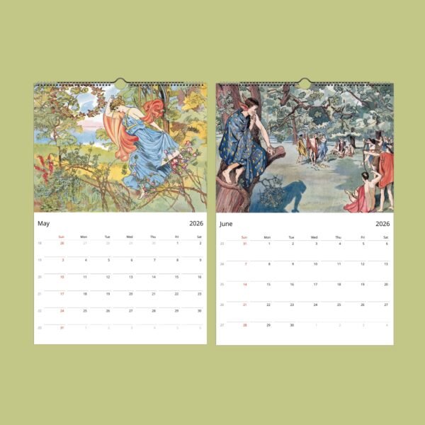 Vintage May-June 2026 calendar with illustrations.
