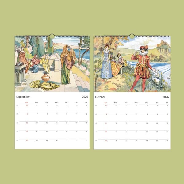 2026 calendar with vintage illustrations, September and October.