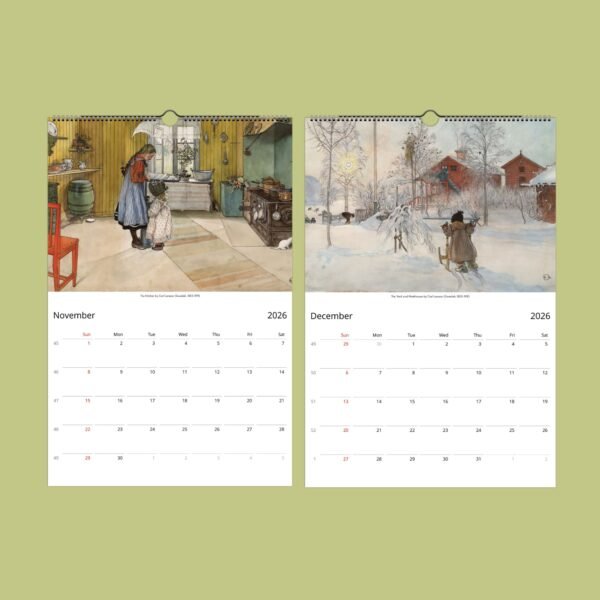 2026 calendar with November, December illustrations.