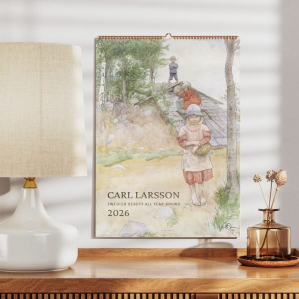 Carl Larsson 2026 calendar on wooden shelf