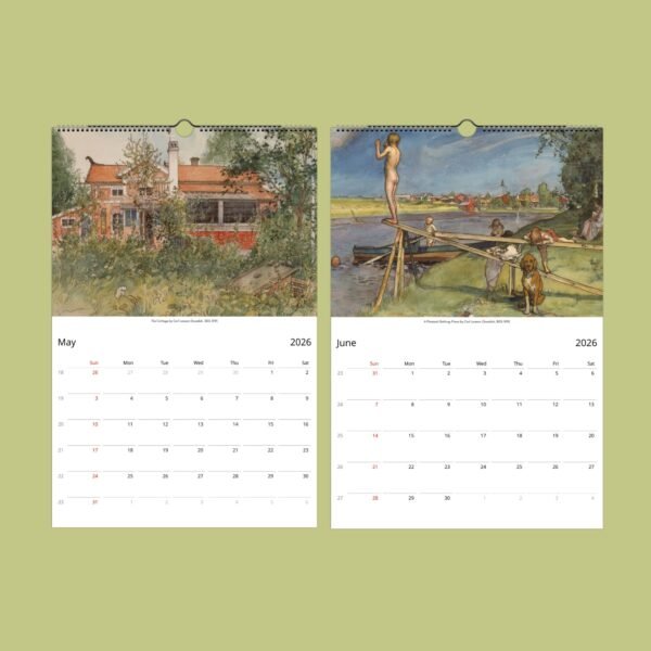 2026 calendar pages for May and June with art
