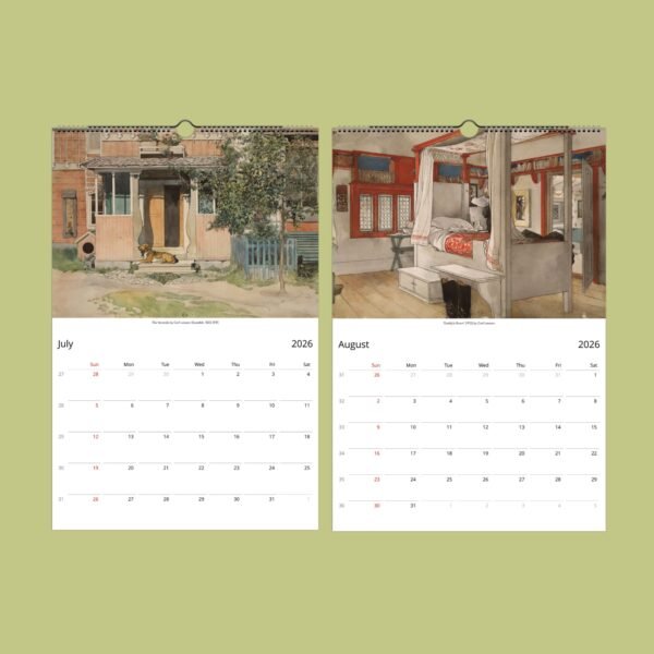 2026 calendar with illustrated July and August pages.