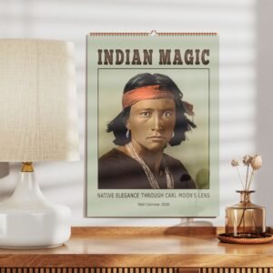 Calendar with Native American portrait on wall.