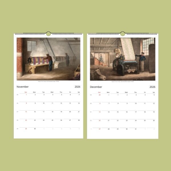 2026 calendar with historical textile printing images.