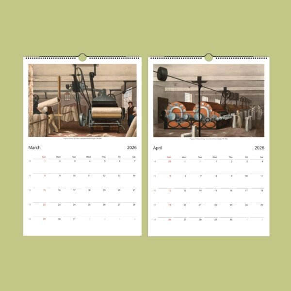 March April 2026 calendar with vintage factory illustrations.