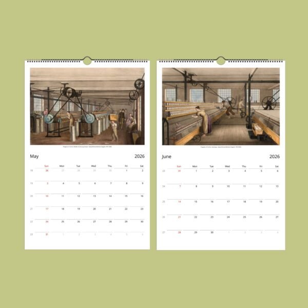 2026 calendar with textile industry images for May-June.