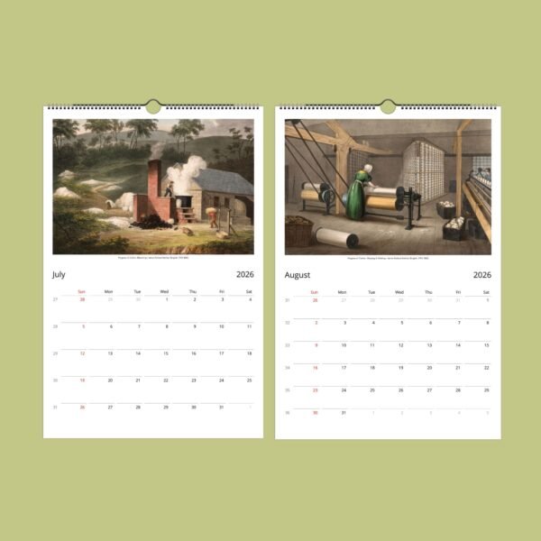 2026 calendar pages for July and August, historical images.
