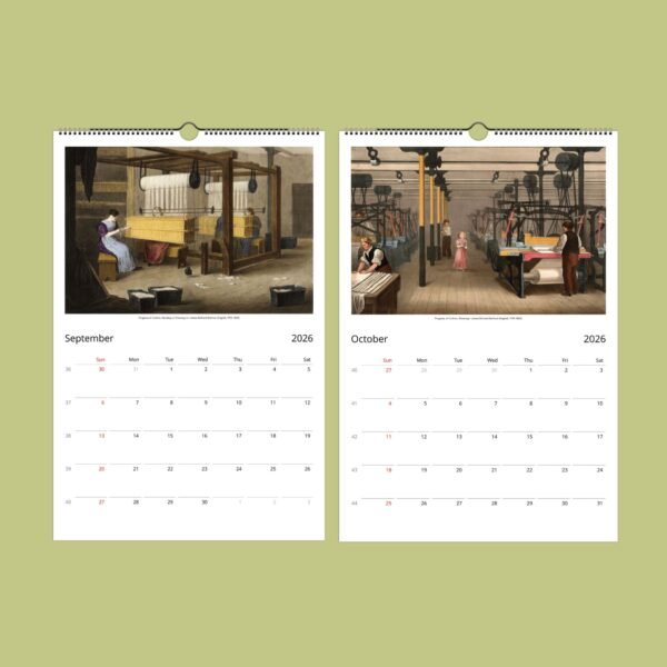 2026 calendar featuring historical cotton weaving imagery.