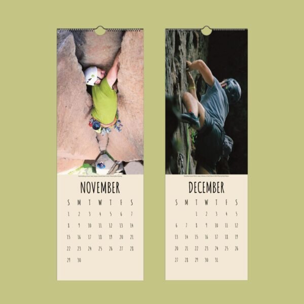 Rock climbing calendar pages for November and December.