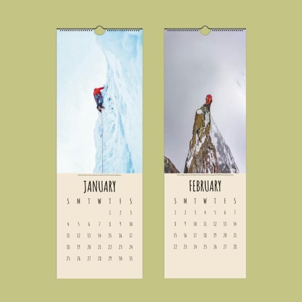 Calendar pages showing winter mountain climbing scenes.