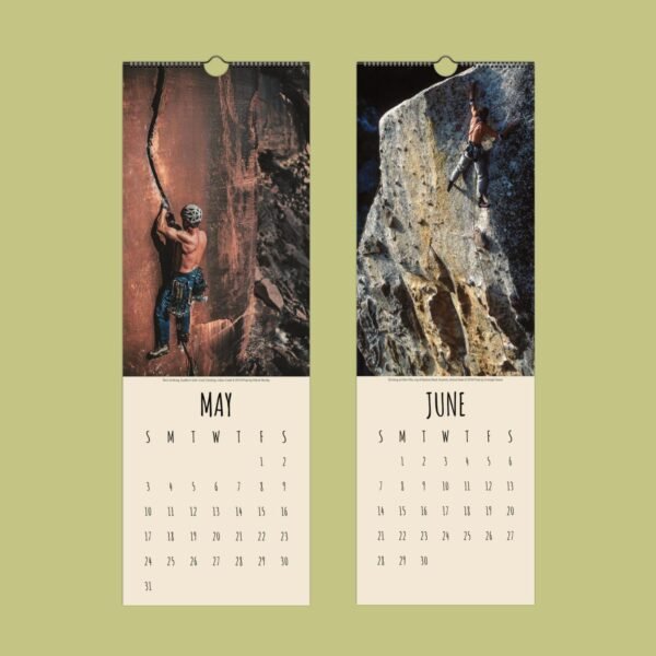 Rock climbers on May and June calendar pages.