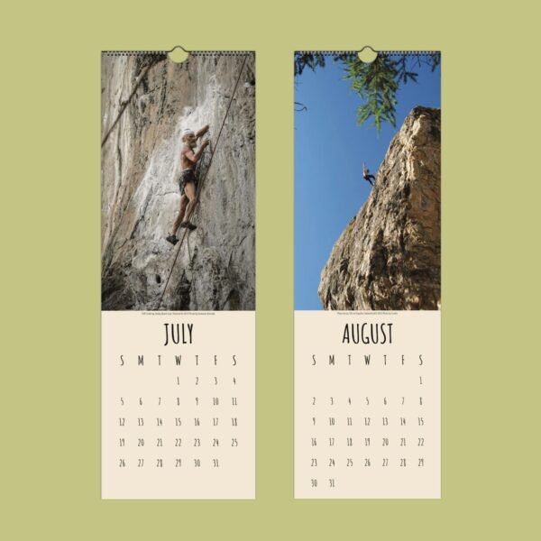 Climber on rocky cliff July-August calendar.