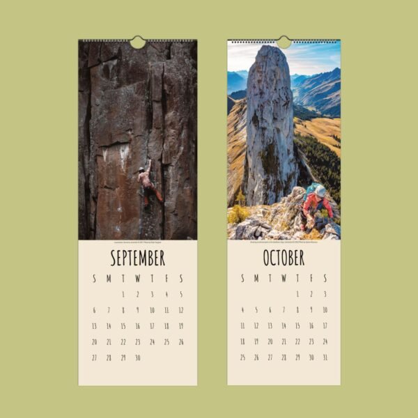 Two calendar pages: September rock climber, October hiker.