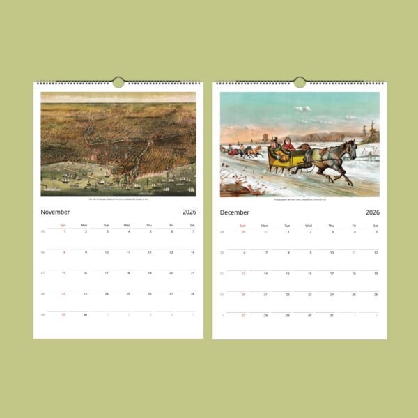 2026 calendar with November and December vintage illustrations.