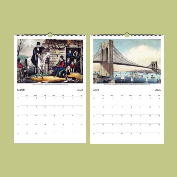 2026 calendar showing March and April with artwork.