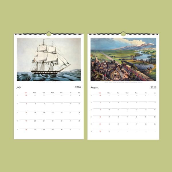 2026 calendar with historic paintings for July and August.