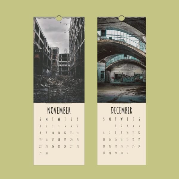 Two-month calendar with urban landscape photos.
