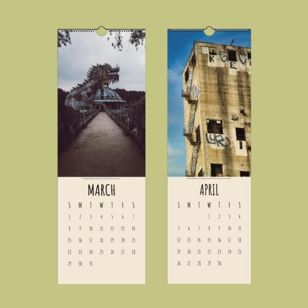 March and April calendar pages with architecture images.