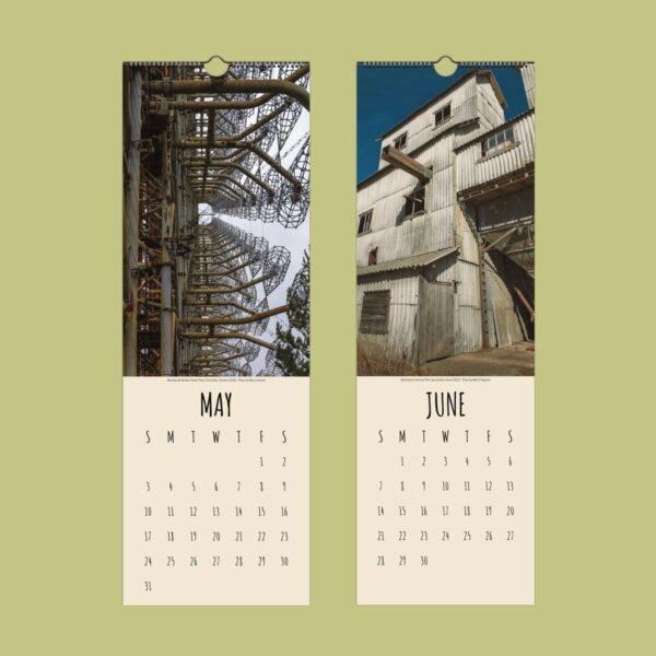 May and June calendar pages with industrial images.