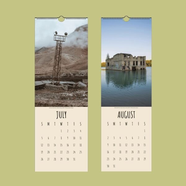 July and August calendar with scenic photographs.