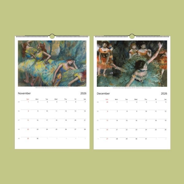 Degas-style ballet dancer calendar pages, November and December 2026.