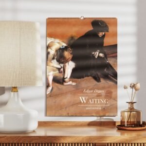 Edgar Degas 2026 calendar on a wooden shelf.