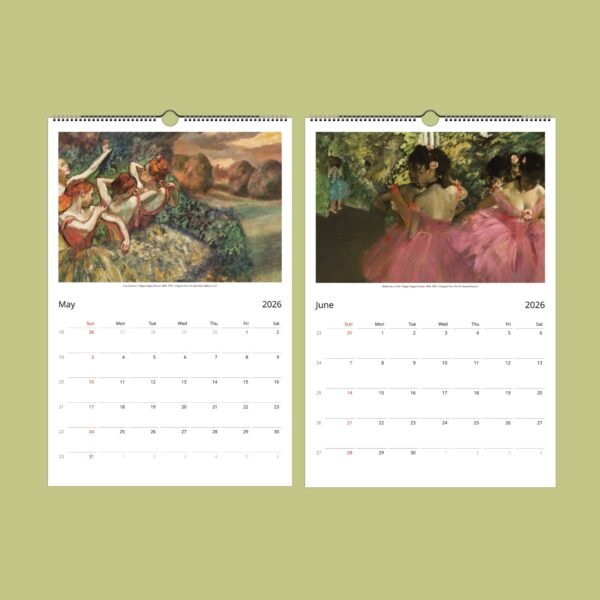 Calendar with Degas paintings, May and June 2026.