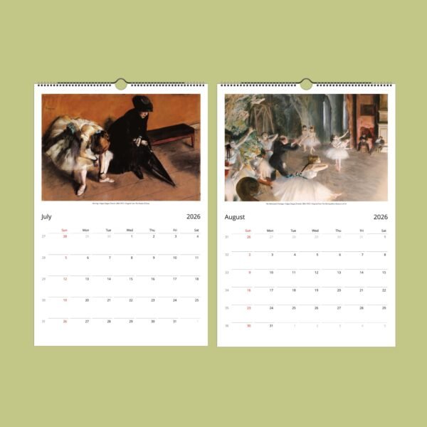 July-August 2026 calendar with art paintings.