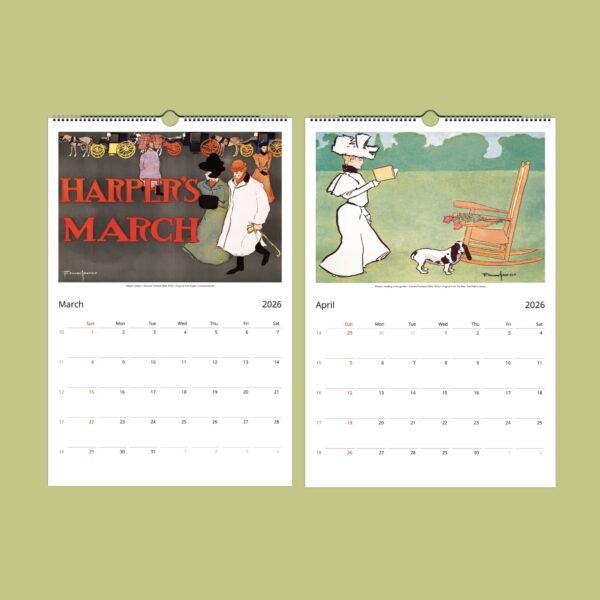 2026 calendar, March and April vintage illustrations