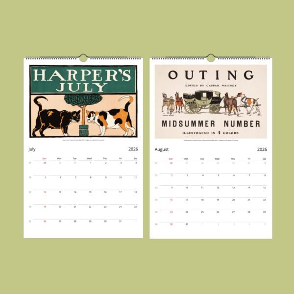 July and August 2026 calendar pages with illustrations.