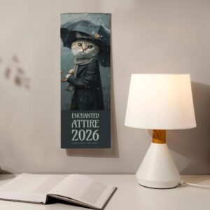 Cat in raincoat calendar beside lamp and book.