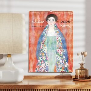 Gustav Klimt 2026 calendar with portrait on wall.