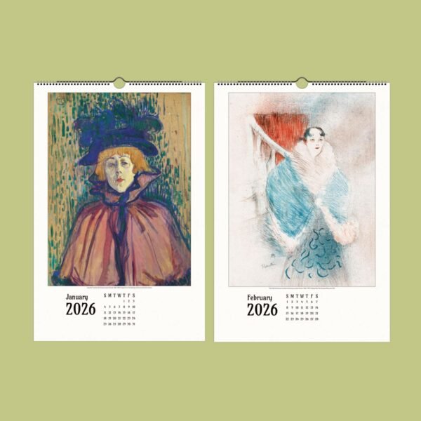 2026 calendar with January, February art illustrations.