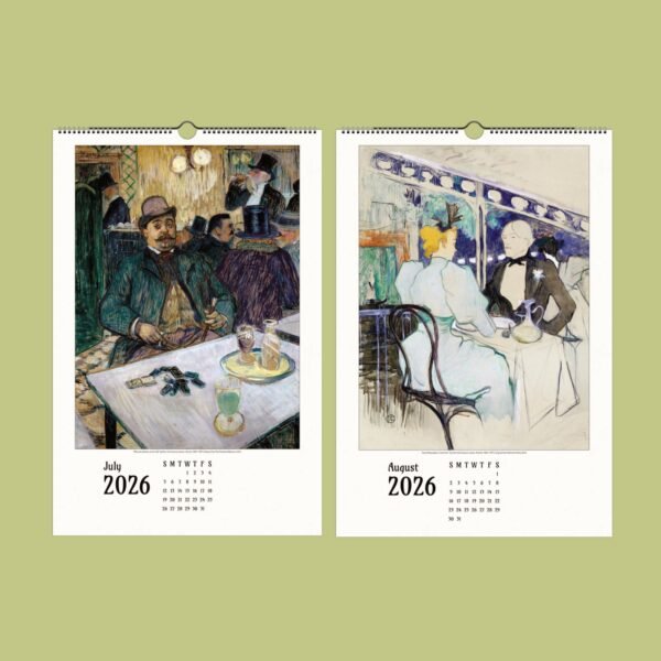 July and August 2026 art calendar pages displayed