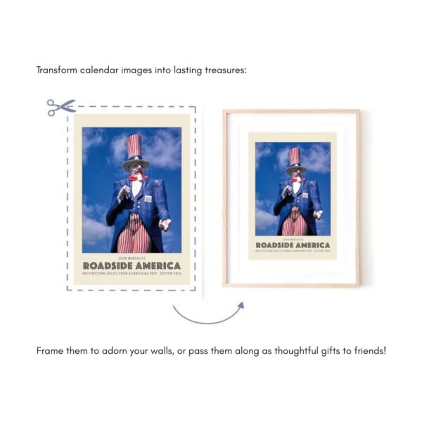Calendar image and framed picture, Roadside America theme.