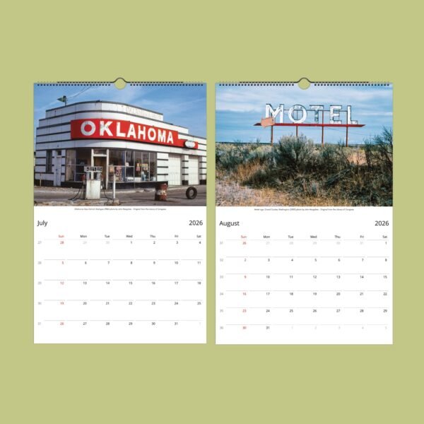 2026 calendar with Oklahoma gas and motel images.