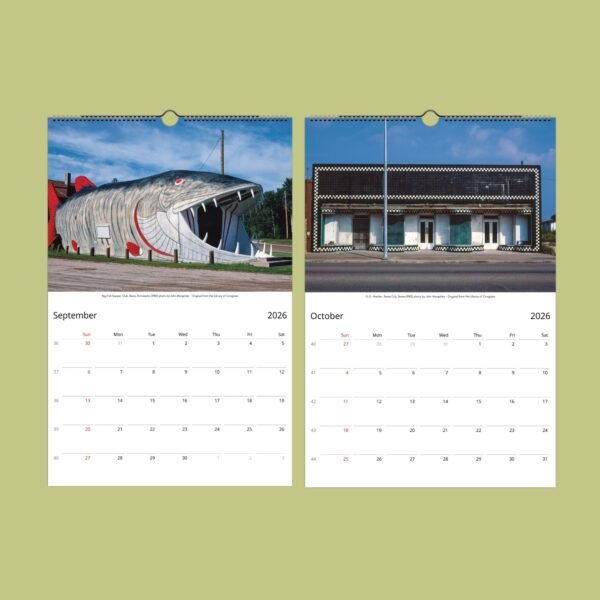 2026 calendar with unique building images.
